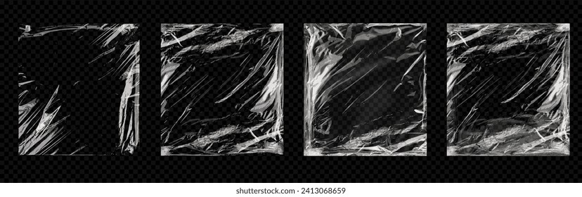 Torn plastic wrap set isolated on transparent background. Set of cellophane or polyethylene wrapper layouts for printing. Polyethylene packaging for CD cover. Vector illustration