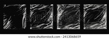 Torn plastic wrap set isolated on transparent background. Set of cellophane or polyethylene wrapper layouts for printing. Polyethylene packaging for CD cover. Vector illustration