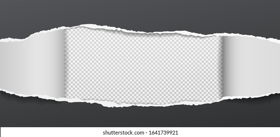 Torn realistic black paper hole on squared transparent background. Vector illustrations.