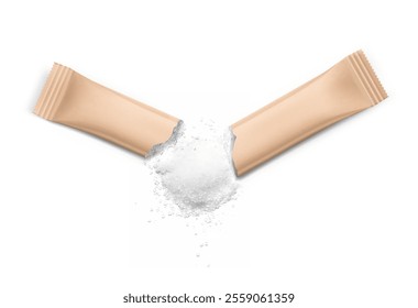 Torn realistic kraft stick pack with product on white background. Possibility use for sugar, granulated, powder products.  Vector illustration. EPS10.