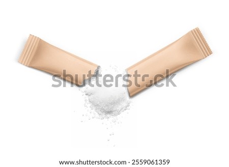 Torn realistic kraft stick pack with product on white background. Possibility use for sugar, granulated, powder products.  Vector illustration. EPS10.