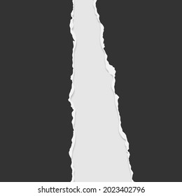 Torn, realistic, ripped strip of dark grey paper with a light shadow on a light gray background. Torn cardboard.