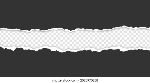 Torn, realistic, ripped strip of dark grey paper with a light shadow on a transparent background. Torn cardboard.