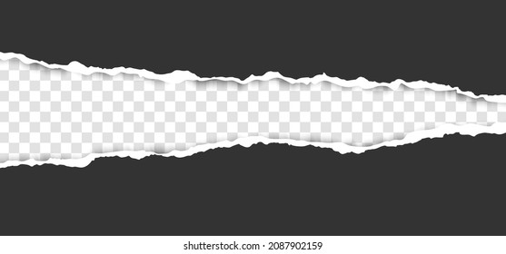 Torn, realistic, ripped strip of dark grey paper with a light shadow on a transparent background. Torn cardboard.