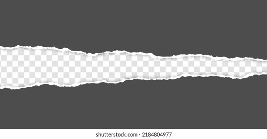 Torn, realistic, ripped strip of grey paper with a light shadow on a transparent background. Torn cardboard.