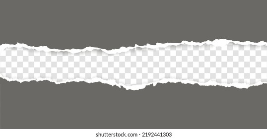 Torn, realistic, ripped strip of grey paper with a light shadow on a transparent background. Torn cardboard.