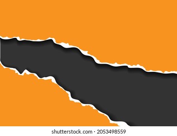 Torn, realistic, ripped strip of orange paper with a light shadow on a dark gray background. Torn cardboard.