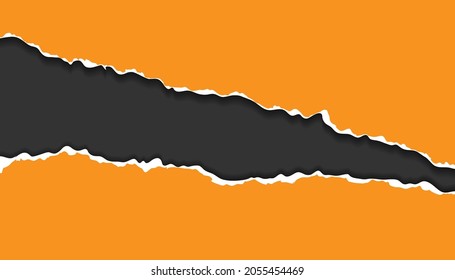Torn, realistic, ripped strip of orange paper with a light shadow on a dark gray background. Torn cardboard.