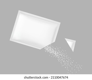 Torn realistic sachet pack with product on grey background. Possibility use for sugar, granulated, spice, powder products. Vector illustration. EPS10.	