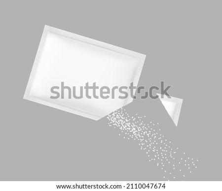 Torn realistic sachet pack with product on grey background. Possibility use for sugar, granulated, spice, powder products. Vector illustration. EPS10.	