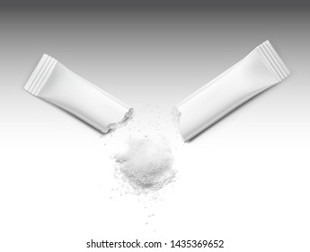 Torn realistic stick pack with product on white background. Possibility use for sugar, granulated, powder products. Vector illustration. EPS10.	
