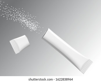 Torn realistic stick pack with product on grey background. Possibility use for sugar, granulated, powder products. Vector illustration. EPS10.	