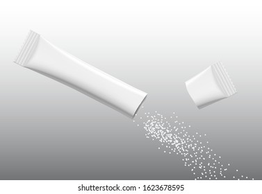 Torn realistic stick pack with product on grey background. Possibility use for sugar, granulated, powder products. Vector illustration. EPS10.	