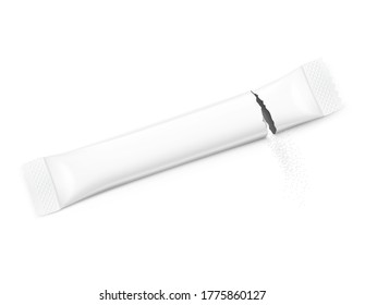 Torn realistic stick pack with product isolated on white background. Possibility use for sugar, granulated, powder products. Vector illustration. EPS10.	