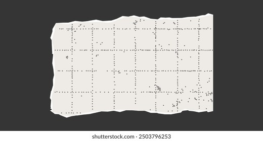Torn rectangular sheet of checkered paper with uneven edges on dark background. Dotted textured background, noisy gritty effect. Banner template, empty space for text, ripped vintage frame.