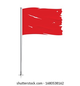 Torn red flag on a metallic pole. Waving damaged flag, isolated on a white background. Tattered vector flag illustration.