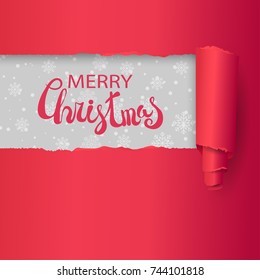 Torn red paper with piece of background with snowflakes. Merry Christmas calligraphy text. Card template for New Year and xmas design