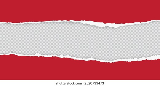 Torn red paper sheet with ripped edges on transparent background. Scrapbook edge, notebook tear, blank page split vector illustration. Damaged letter, document mockup, newspaper cutout.