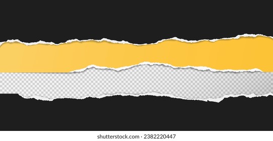 Torn, ripped black and yellow paper strips with soft shadow are on squared background for text. Vector illustration