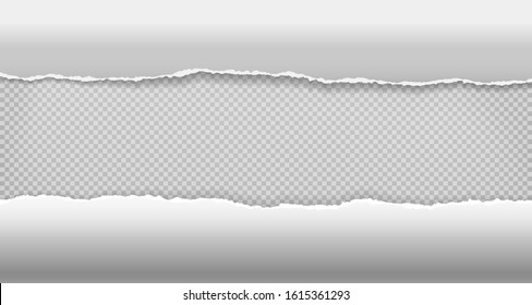 Torn, ripped and curled pieces of horizontal white paper with soft shadow are on squared background for text. Vector illustration