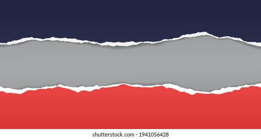 Las tiras de papel rotas, rotas, de color azul oscuro y rojo con sombra suave están en el fondo gris oscuro del texto. Ilustración del vector