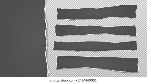 Torn, ripped dark grey paper strips with soft shadow are on transparent background for text. Vector illustration.
