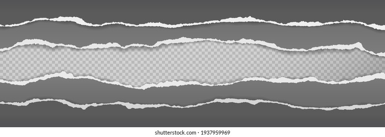 Torn, ripped grey and black paper strips with soft shadow are on squared background for text. Vector illustration