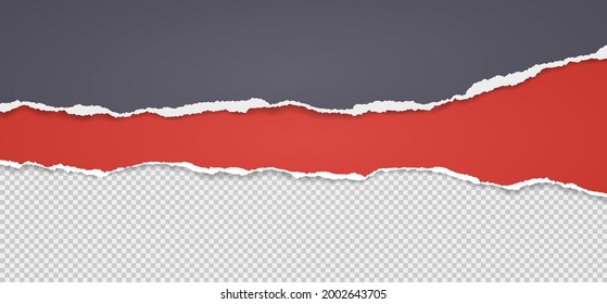 Torn, ripped horizontal squared, red, grey paper strips with soft shadow are on white background for text. Vector illustration