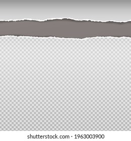 Torn, ripped horizontal white and squared paper strips with soft shadow are on dark brown background for text. Vector illustration