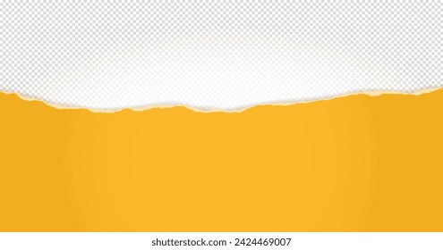 Torn, ripped horizontal yellow paper strip with soft shadow is on squared background for text. Vector illustration.
