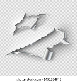 Torn ripped metal vector template, sides with ripped steel on realistic transparent background.