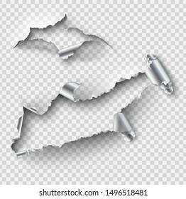 Torn ripped metal vector template, sides with ripped steel on realistic transparent background.