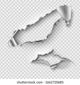 Torn ripped metal vector template, sides with ripped steel on realistic transparent background.