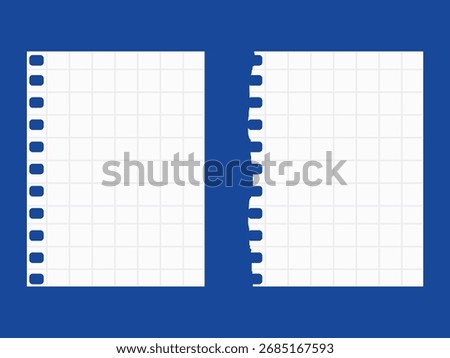 Torn and ripped notebook grid pages on a blue backdrop, perfect for scrapbooks, planners, note layouts, educational materials, and layered compositions.