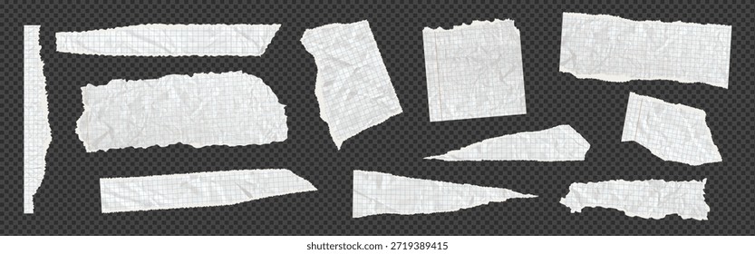 Papel de caderno rasgado, folhas de corte com grade quadrada, recortar a peça de colagem. Realista em branco cartolina reticulada. Ilustração vetorial de diferentes conjuntos de sucatas, borda da folha de papel caligráfico