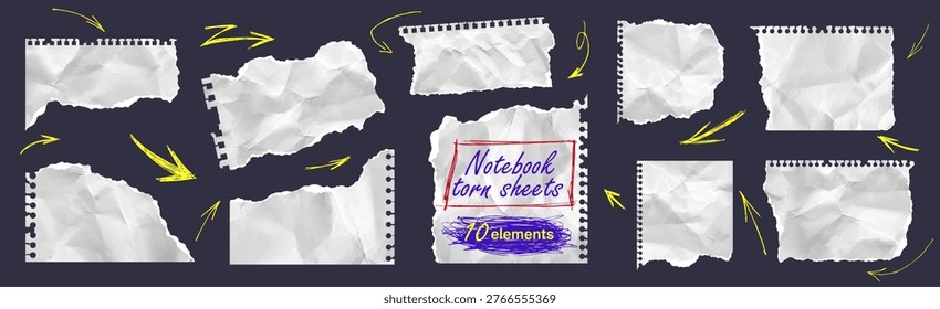 Torn ripped notebook papers with cut sheets cutout collage piece. Realistic blank tear edge effect white crumpled cardboard. Vector different scraps set. Yellow arrow and pen frame underline scribble