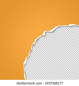 Torn, ripped orange paper strip with soft shadow is on squared background for text. Vector illustration