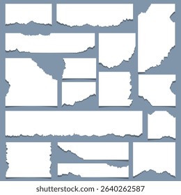 Torn or ripped paper collection. Sheets of paper scraps with torn edges. Notebook scrap, blank office note strip, scrapbook edge. Perfect for clip art for social media banner background