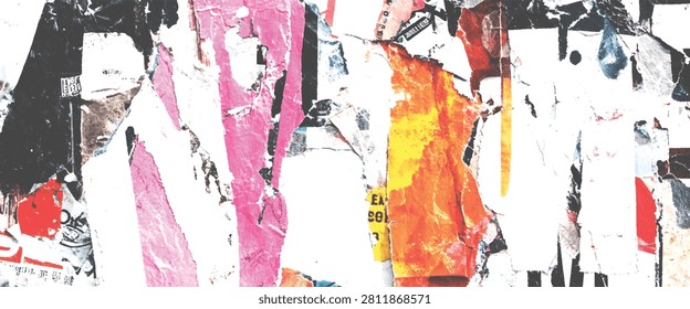 Torn ripped paper posters on wall with pink yellow orange black white abstract texture