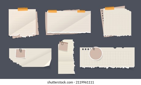 Torn ripped paper sheets banner set. Digital note vector illustraion.