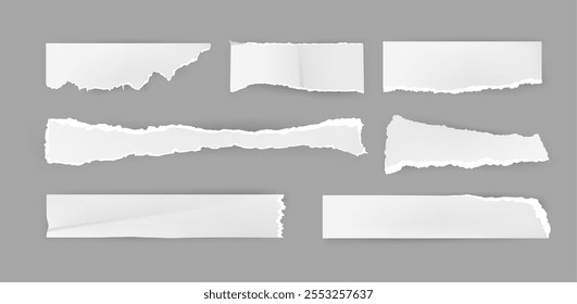 Torn or ripped paper sheets set. Vector scrapbook edge, notebook tear or blank page split. Cutout of document, border fragments or pieces from document or newspaper. Shred scraps of notes