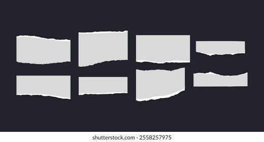 Torn or ripped paper strip collection with grunge edges. Torn notebook page or scrap note with damaged border. Vector illustration