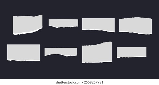 Torn or ripped paper strip collection with grunge edges. Torn notebook page or scrap note with damaged border. Vector illustration