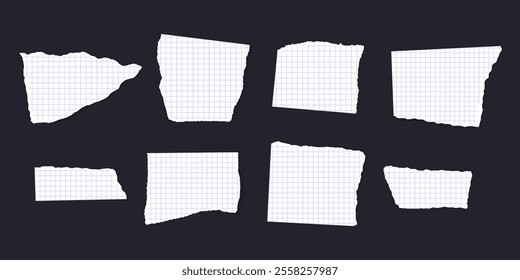 Torn or ripped paper strip collection with grunge edges. Torn notebook page or scrap note with damaged border. Vector illustration