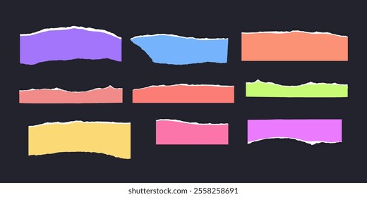 Torn or ripped paper strip collection with grunge edges. Torn notebook page or scrap note with damaged border. Vector illustration