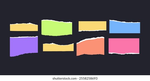 Torn or ripped paper strip collection with grunge edges. Torn notebook page or scrap note with damaged border. Vector illustration