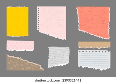 conjunto de colección de hojas de tiras de papel rotas o rotas. Borde de bloc de notas de cuaderno. imagen vectorial dividida de página de clip de corte o ornamento en blanco o de decoración.