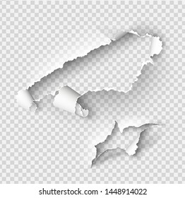 Torn ripped paper vector template, sides with ripped edges on realistic paper background.