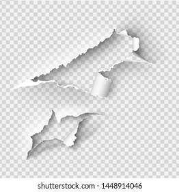 Torn ripped paper vector template, sides with ripped edges on realistic paper background.