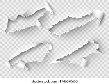 Torn ripped paper vector template, sides with ripped edges on realistic paper background. 